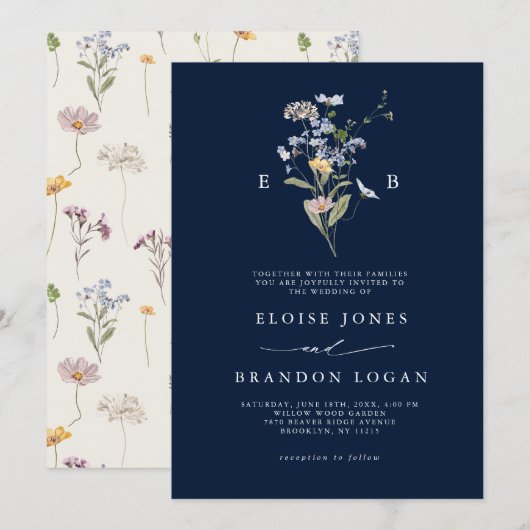 Invitation Marine Blue Fleur sauvage Meadow Garden Mariage (Devant / Derrière)