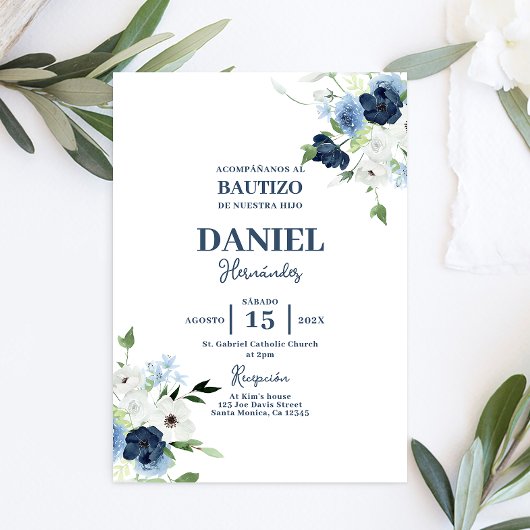 Invitation Marine Blue Floral Baptême garçon Espagnol invitat