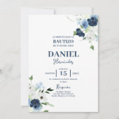 Invitation Marine Blue Floral Baptême garçon Espagnol invitat (Devant)