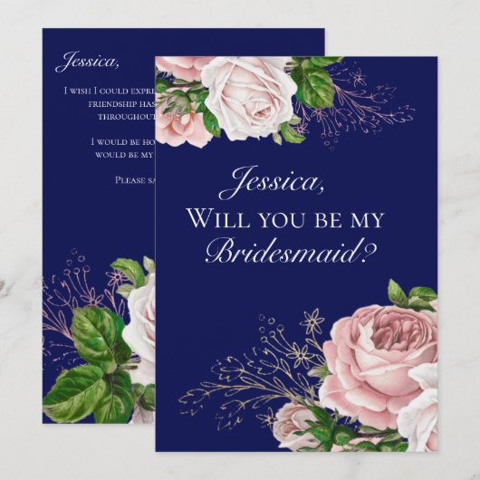 Invitation Marine Blue Floral Blush Roses Bridesmaid Invitati (Devant / Derrière)