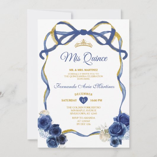Invitation Marine Blue Floral Bow Frame Or Couronne Mis Quinc (Devant)