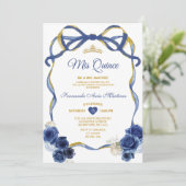 Invitation Marine Blue Floral Bow Frame Or Couronne Mis Quinc (Debout devant)