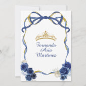 Invitation Marine Blue Floral Bow Frame Or Couronne Mis Quinc (Dos)