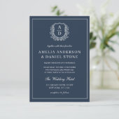 Invitation Marine Blue Floral Crest Monogramme Mariage QR Cod (Debout devant)