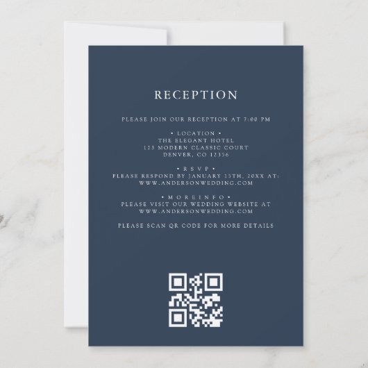 Invitation Marine Blue Floral Crest Monogramme Mariage QR Cod (Dos)