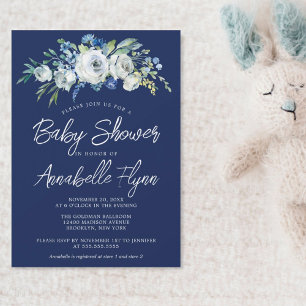 Invitation Marine Blue Floral Élégant Baby shower moderne gar