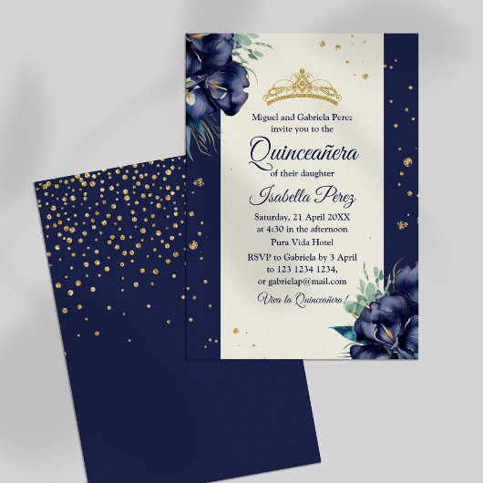Invitation Marine Blue Floral et or Tiara Quinceanera