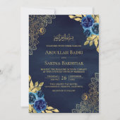 Invitation Marine Blue Floral Gold Lace QR Code Mariage musul (Devant)