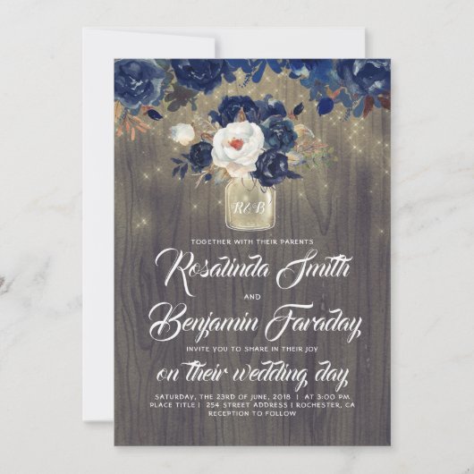 Invitation Marine Blue Floral Mason Jar Rustique Mariage (Devant)