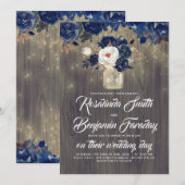 Invitation Marine Blue Floral Mason Jar Rustique Mariage (Devant / Derrière)