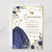 Invitation Marine Blue Floral Robe papillon Or Quinceanera (Devant)