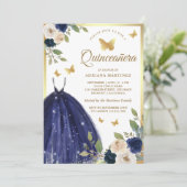 Invitation Marine Blue Floral Robe papillon Or Quinceanera (Debout devant)
