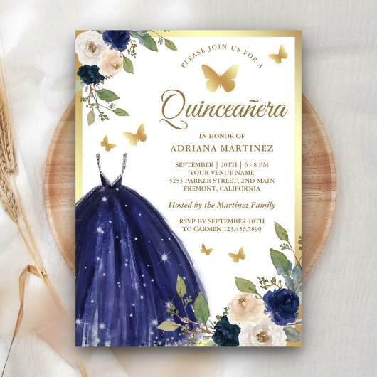 Invitation Marine Blue Floral Robe papillon Or Quinceanera