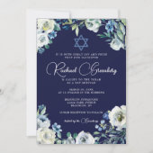 Invitation Marine Blue Floral Star de David Bat mitzvah (Devant)
