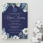 Invitation Marine Blue Floral Star de David Bat mitzvah<br><div class="desc">De belles fleurs de pivoines blanches et des feuilles d'aquarelle verte forment une bordure élégante sur cette jolie invitation à la Bat mitzvah à fleurs bleu marine. Le nom de votre fille est écrit en calligraphie chic et blanche sur cette cérémonie ou invitation de fête sous l'étoile de David pour...</div>