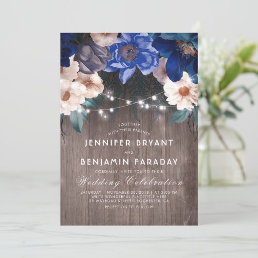 Invitation Marine Blue Floral String éclat Rustique Mariage d (Debout devant)