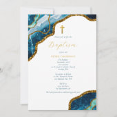Invitation Marine Blue Geode Agate Gold Cross Baptême (Devant)