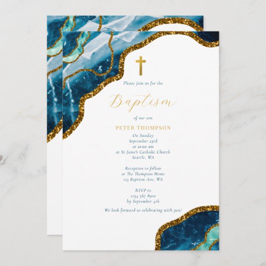Invitation Marine Blue Geode Agate Gold Cross Baptême (Devant / Derrière)