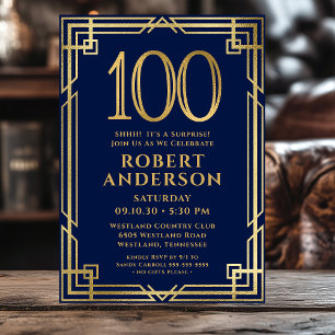 Invitation Marine Blue Gold 100e anniversaire Photo Surprise
