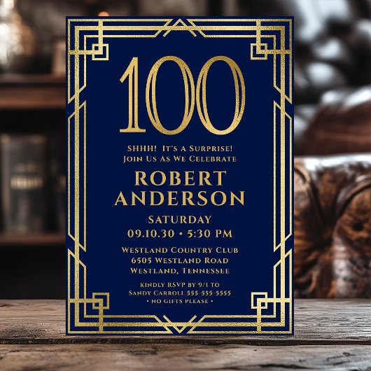 Invitation Marine Blue Gold 100e anniversaire Photo Surprise 