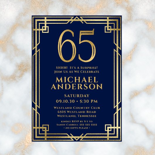 Invitation Marine Blue Gold 65e anniversaire Photo Surprise P