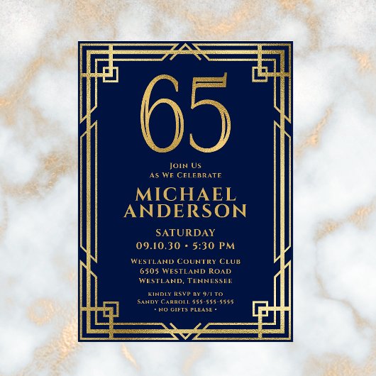 Invitation Marine Blue Gold 65th Birthday Photo