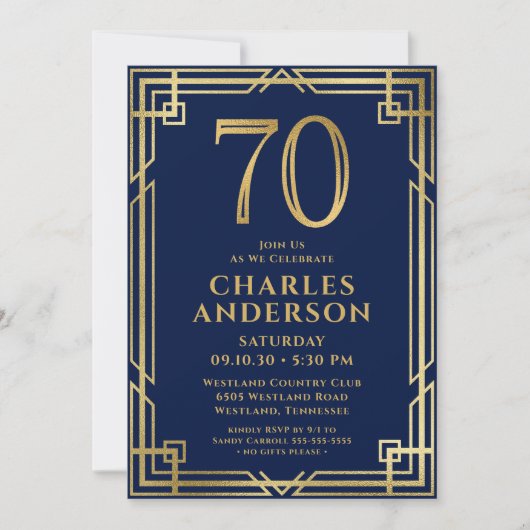 Invitation Marine Blue Gold 70th Birthday Photo (Devant)
