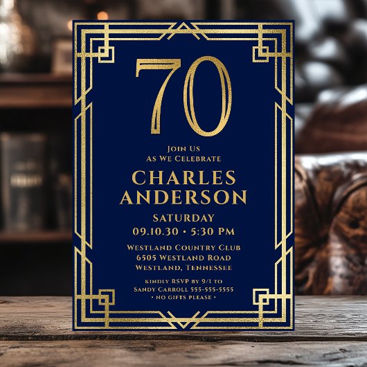 Invitation Marine Blue Gold 70th Birthday Photo