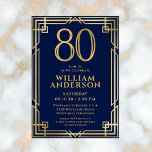 Invitation Marine Blue Gold 80th Birthday Photo<br><div class="desc">Cette fabuleuse invitation de 80e anniversaire marine bleu et or masculin avec le numéro 80 en or avec des polices modernes entourée d'un cadre or art déco sur le devant et votre photo préférée de l'invité d'honneur sur le dos serait parfaite pour demander aux gens de se joindre à vous...</div>