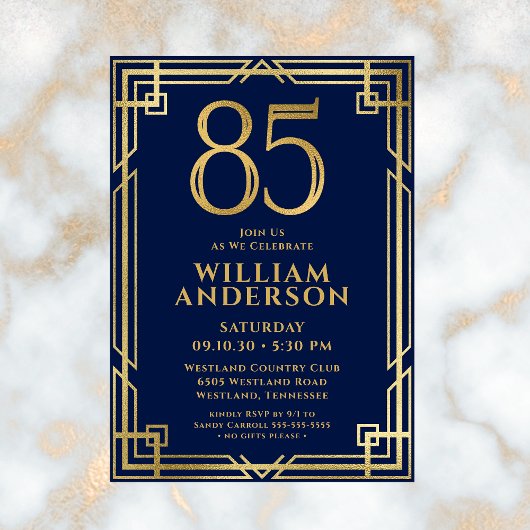 Invitation Marine Blue Gold 85th Birthday Photo