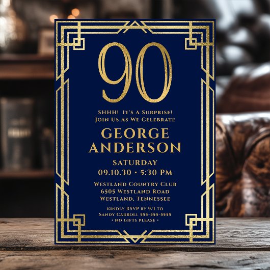 Invitation Marine Blue Gold 90e anniversaire Photo Surprise P