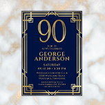 Invitation Marine Blue Gold 90th Birthday Photo<br><div class="desc">Cette fabuleuse invitation à la fête du 90e anniversaire de l'homme bleu marine et or, portant le numéro 90 en or avec des polices modernes entourée d'un cadre d'art déco doré sur le devant et votre photo préférée de l'invité d'honneur sur le dos, serait parfaite pour demander aux gens de...</div>