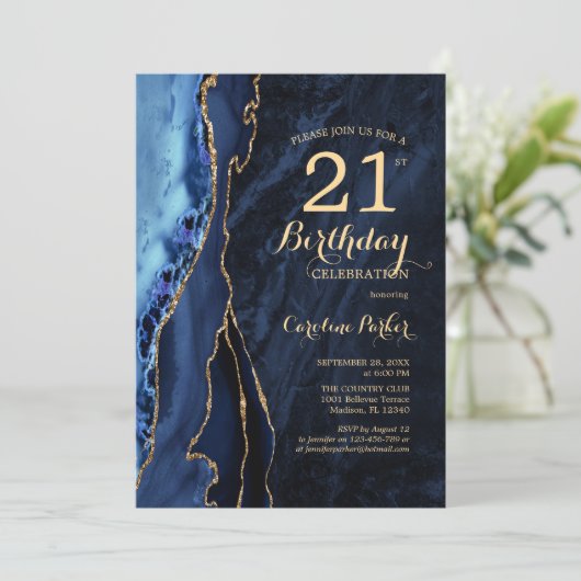 Invitation Marine Blue Gold Agate 21e anniversaire (Debout devant)