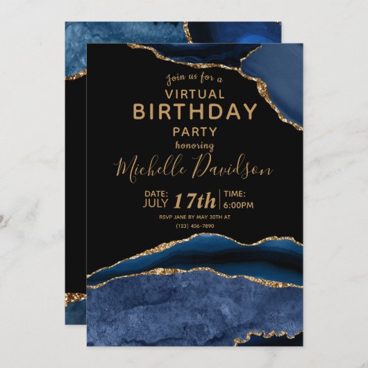 Invitation Marine Blue & Gold Agate Anniversaire virtuel (Devant / Derrière)