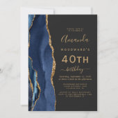 Invitation Marine Blue Gold Agate Dark 40th Birthday Party (Devant)