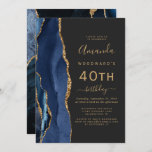 Invitation Marine Blue Gold Agate Dark 40th Birthday Party<br><div class="desc">Le bord gauche de cette élégante invitation à la fête d'anniversaire moderne comporte une bordure en aquarelle bleu marine ornée d'une fausse parties scintillant dorée. Le texte personnalisable combine écriture manuscrite dorée, cuivre et polices italiques sur un arrière - plan noir ardoise. L'envers est assorti d'un design d'agate bleu et...</div>