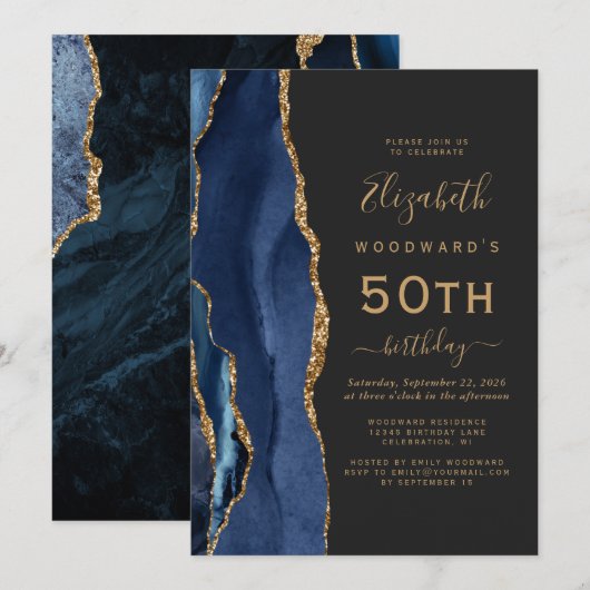 Invitation Marine Blue Gold Agate Dark 50th Birthday Party (Devant / Derrière)
