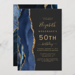 Invitation Marine Blue Gold Agate Dark 50th Birthday Party<br><div class="desc">Le bord gauche de cette élégante invitation à la fête d'anniversaire moderne comporte une bordure en aquarelle bleu marine ornée d'une fausse parties scintillant dorée. Le texte personnalisable combine écriture manuscrite dorée, cuivre et polices italiques sur un arrière - plan noir ardoise. L'envers est assorti d'un design d'agate bleu et...</div>