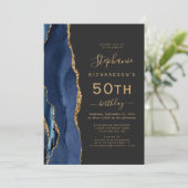 Invitation Marine Blue Gold Agate Dark 50th Birthday Party (Debout devant)