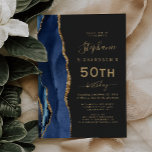 Invitation Marine Blue Gold Agate Dark 50th Birthday Party<br><div class="desc">Le bord gauche de cette élégante invitation à la fête d'anniversaire moderne comporte une bordure en aquarelle bleu marine ornée d'une fausse parties scintillant dorée. Le texte personnalisable combine écriture manuscrite dorée, cuivre et polices italiques sur un arrière - plan noir ardoise. L'envers est assorti d'un design d'agate bleu marine...</div>