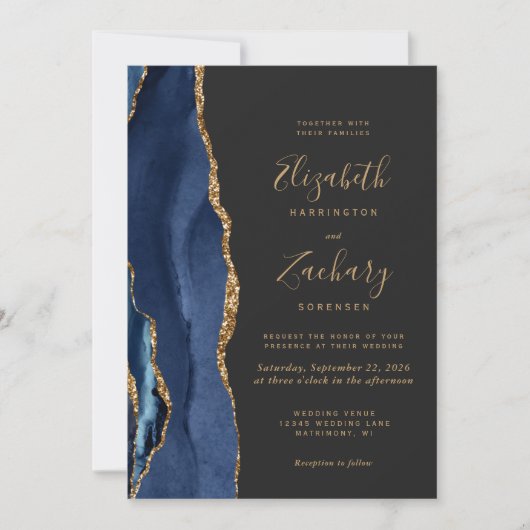 Invitation Marine Blue Gold Agate Dark QR Code Mariage (Devant)