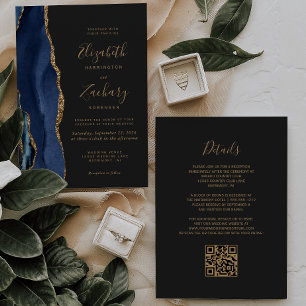 Invitation Marine Blue Gold Agate Dark QR Code Mariage
