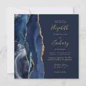 Invitation Marine Blue Gold Agate Élégant Mariage Carré (Devant)