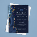 Invitation Marine Blue Gold Agate Élégante fête Bat mitzvah<br><div class="desc">L'élégante porte bleu marine et or orne le côté de cette cérémonie Bat mitzvah moderne et de l'invitation de la fête. Le nom de votre fille est écrit dans une belle écriture formelle sous l'Étoile de David. Parfait pour une famille juive chic et élégante célébrant une fille appelée à la...</div>