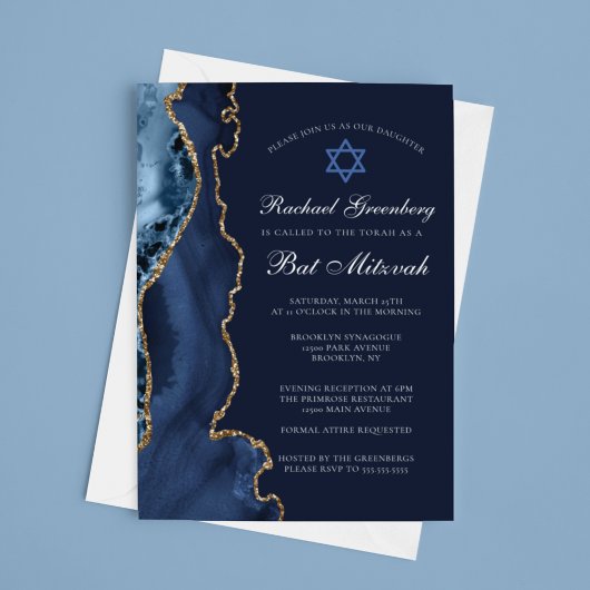 Invitation Marine Blue Gold Agate Élégante fête Bat mitzvah