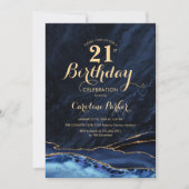 Invitation Marine Blue Gold Agate Marbre 21e anniversaire (Devant)