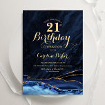 Invitation Marine Blue Gold Agate Marbre 21e anniversaire<br><div class="desc">Marine bleu et or agate 21e anniversaire invitation de fête. Elégant design moderne avec aquarelle bleu royal agate marbre arrière - plan,  fausse parties scintillant or et typographie script police. Carte invitation branchée parfaite pour une célébration anniversaire féminine élégante. Invitations Zazzle imprimées ou téléchargement instantané modèle imprimable numérique.</div>