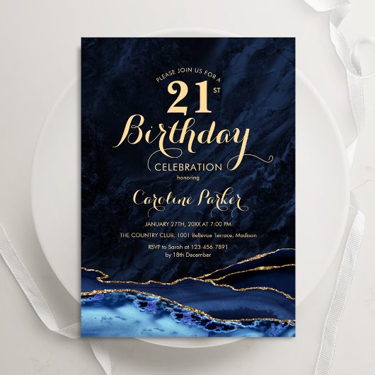 Invitation Marine Blue Gold Agate Marbre 21e anniversaire