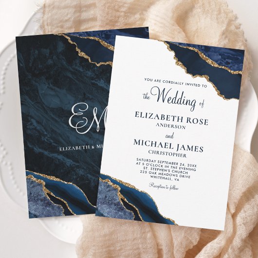 Invitation Marine Blue Gold Agate Mariage élégant