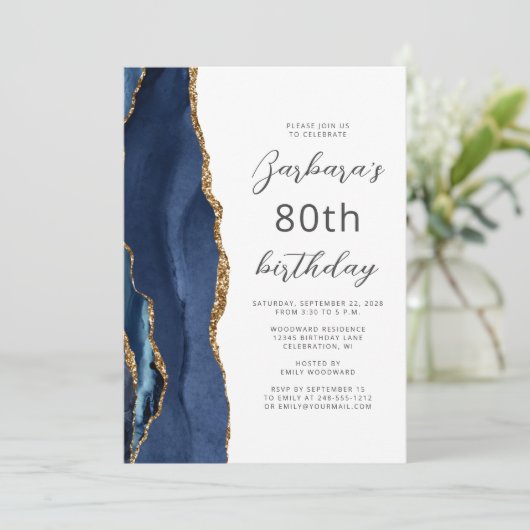 Invitation Marine Blue Gold Agate Script 80e anniversaire (Debout devant)